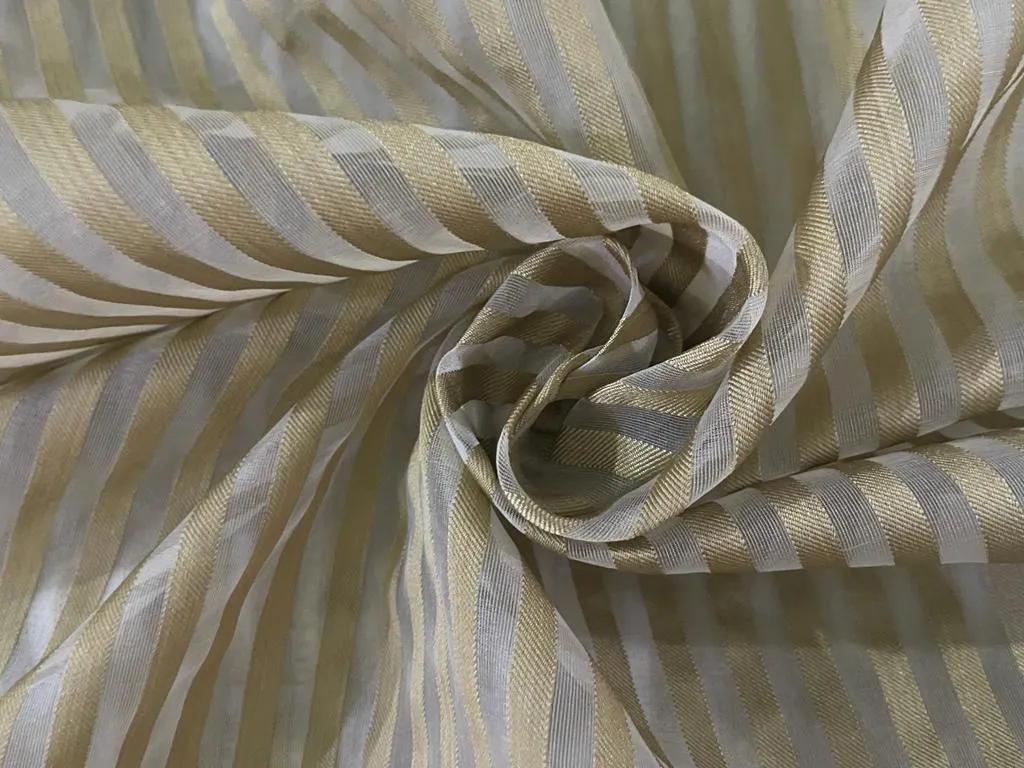 100% SILK ORGANZA STRIPES IVORY COLOUR GOLD STRIPES SEMI SHEER 44" WIDE [11013]