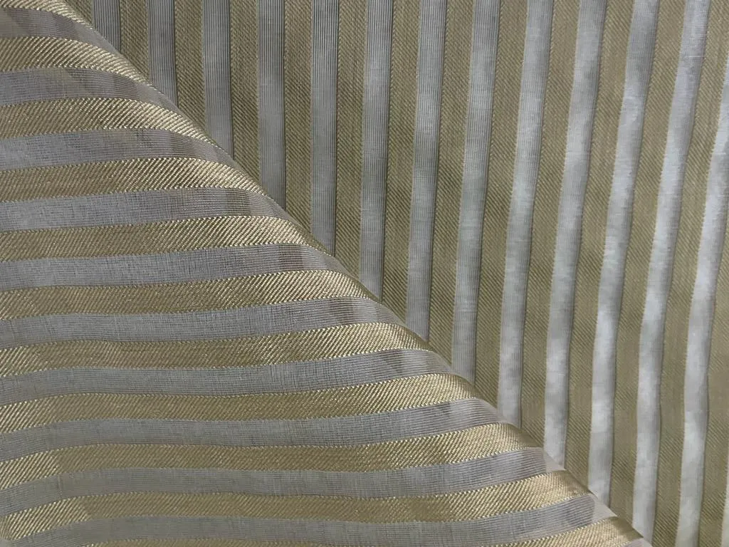 100% SILK ORGANZA STRIPES IVORY COLOUR GOLD STRIPES SEMI SHEER 44" WIDE [11013]