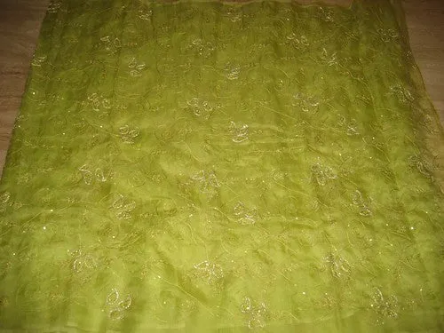 100%silk organza fabric Kiwi Green Colour beadwork 44&quot; wide [1017]