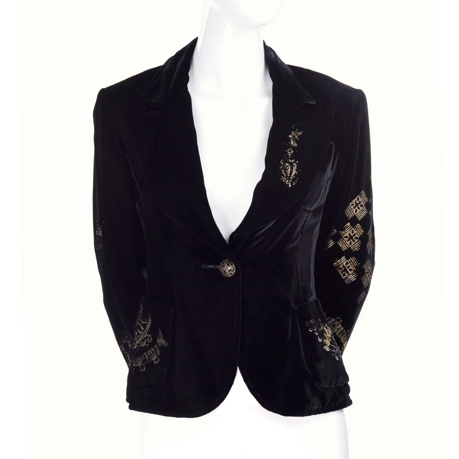 1990s Christian Lacroix Black Velvet Blazer w/ Gold Stencil Stamped Pattern