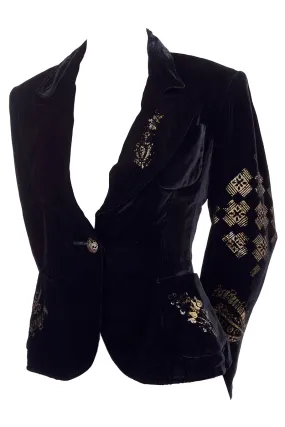 1990s Christian Lacroix Black Velvet Blazer w/ Gold Stencil Stamped Pattern