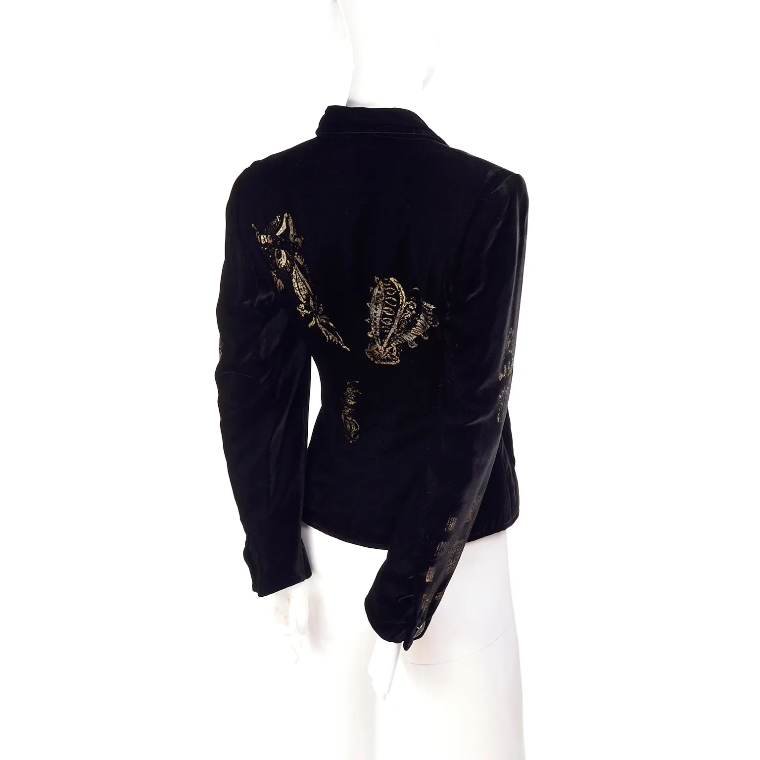 1990s Christian Lacroix Black Velvet Blazer w/ Gold Stencil Stamped Pattern