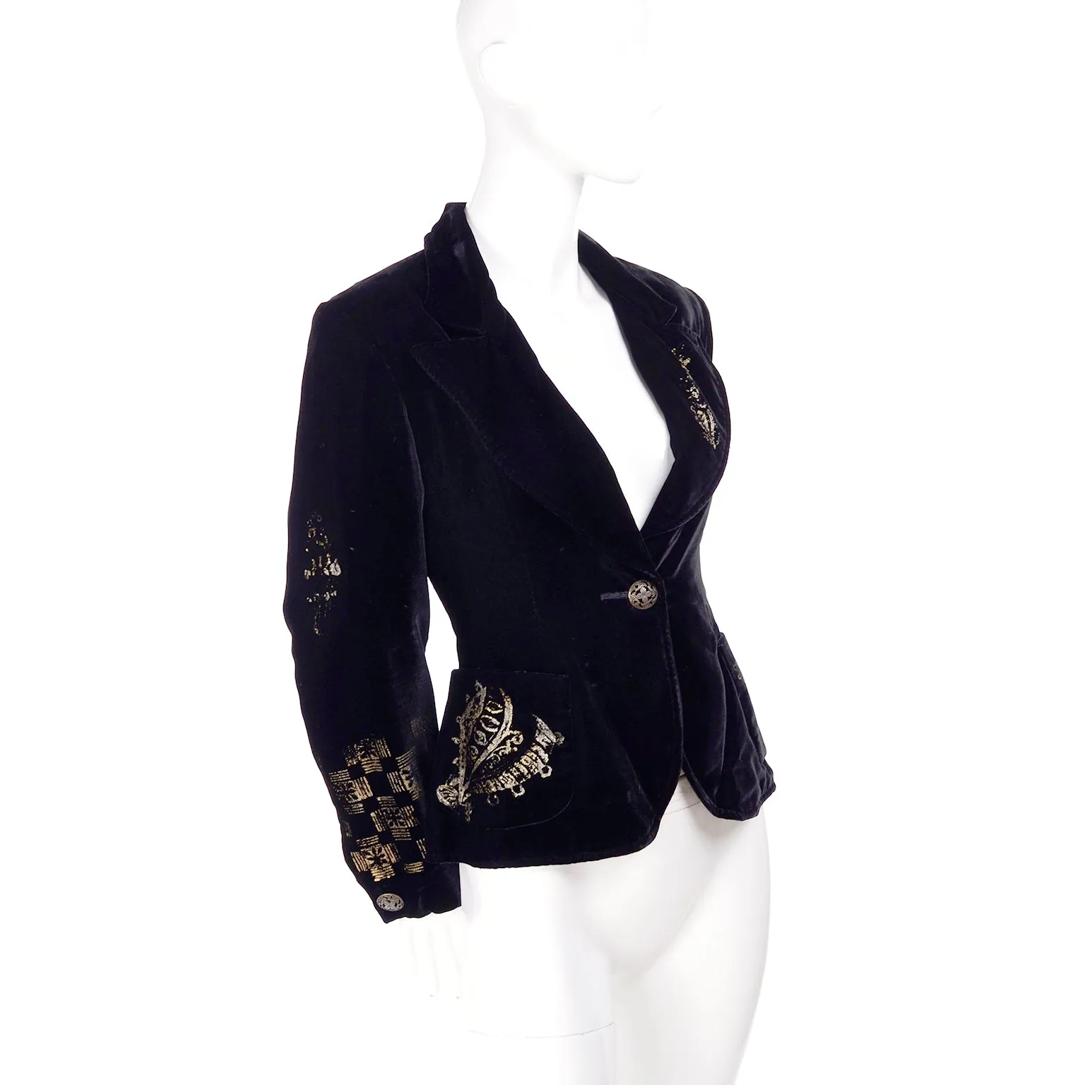 1990s Christian Lacroix Black Velvet Blazer w/ Gold Stencil Stamped Pattern