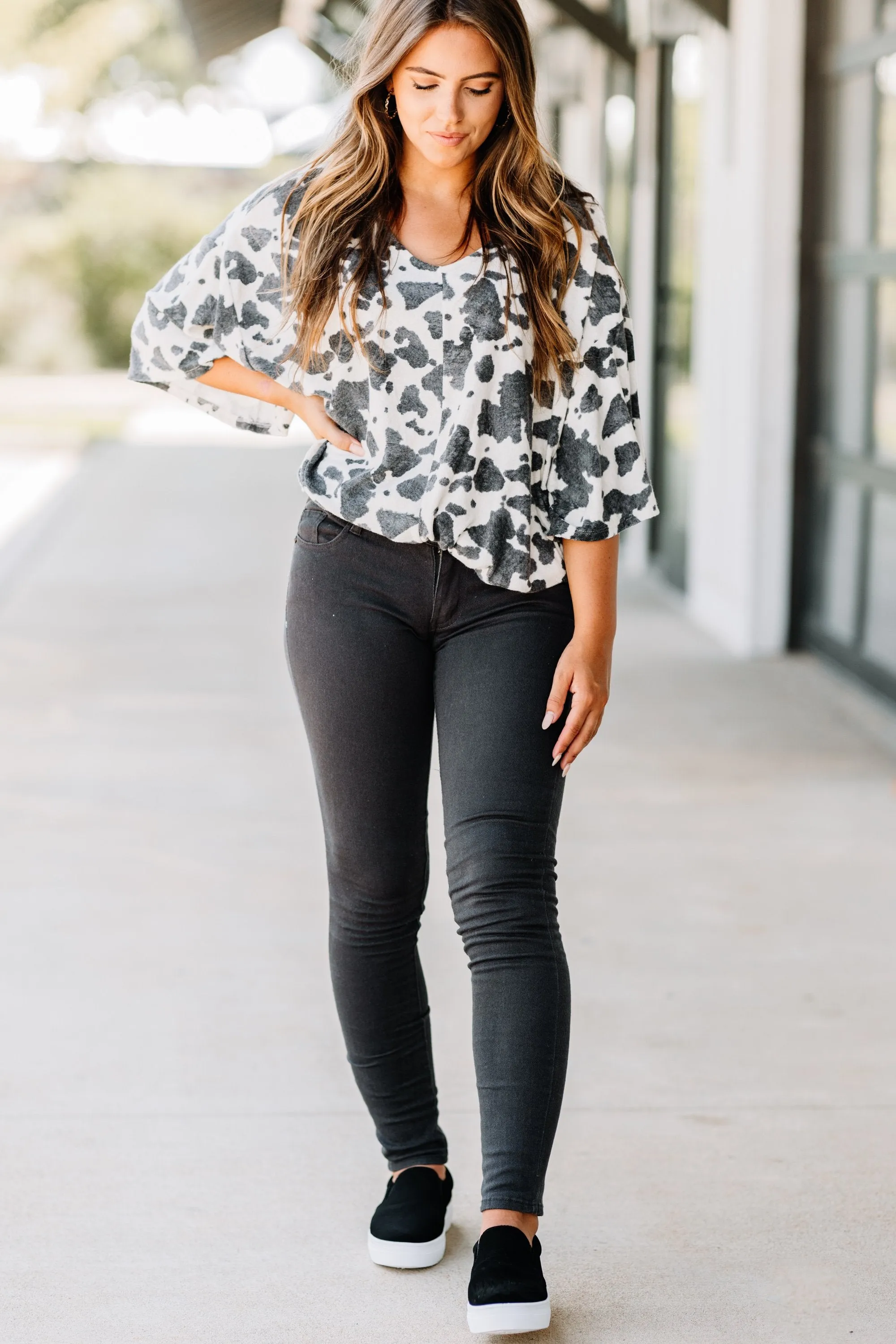 All In A Day Black Cow Print Top