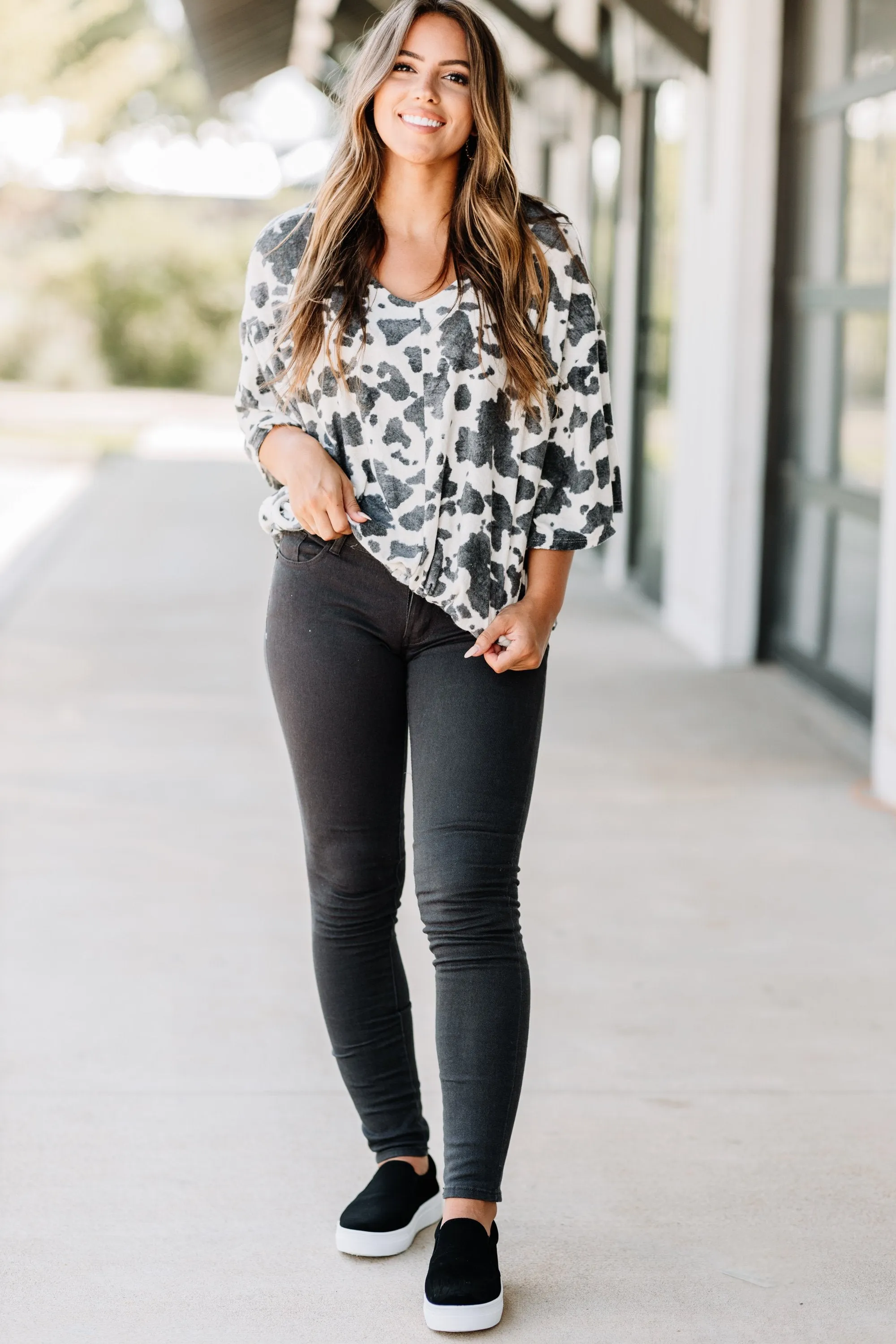 All In A Day Black Cow Print Top