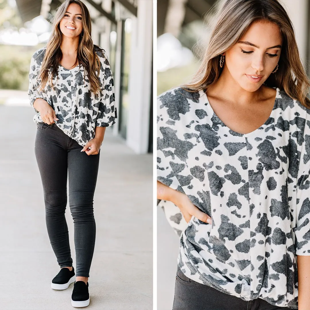 All In A Day Black Cow Print Top