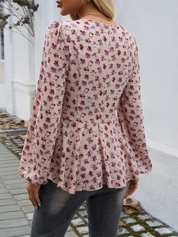 Autumn Floral Peplum Blouse with Puff Sleeves