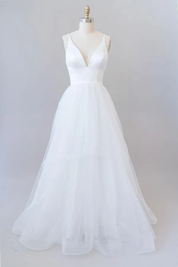 Beautiful White Long A-line V-neck Tulle Backless Wedding Dress