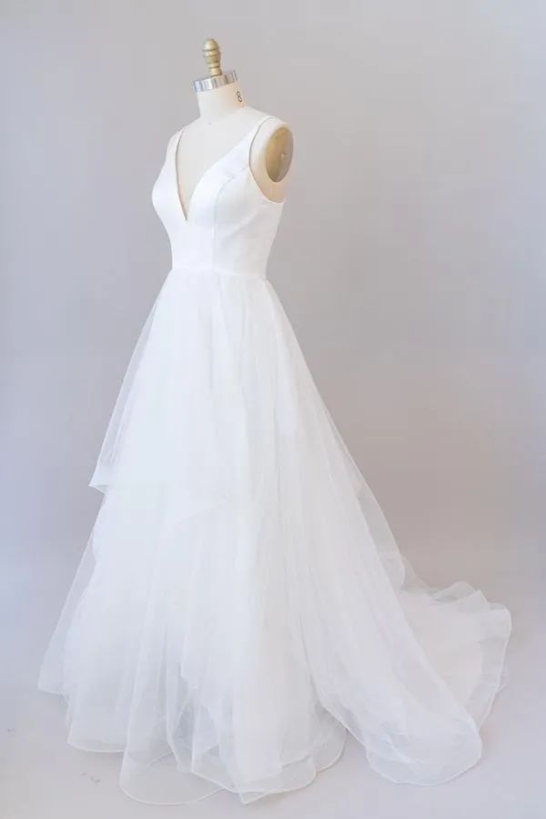 Beautiful White Long A-line V-neck Tulle Backless Wedding Dress