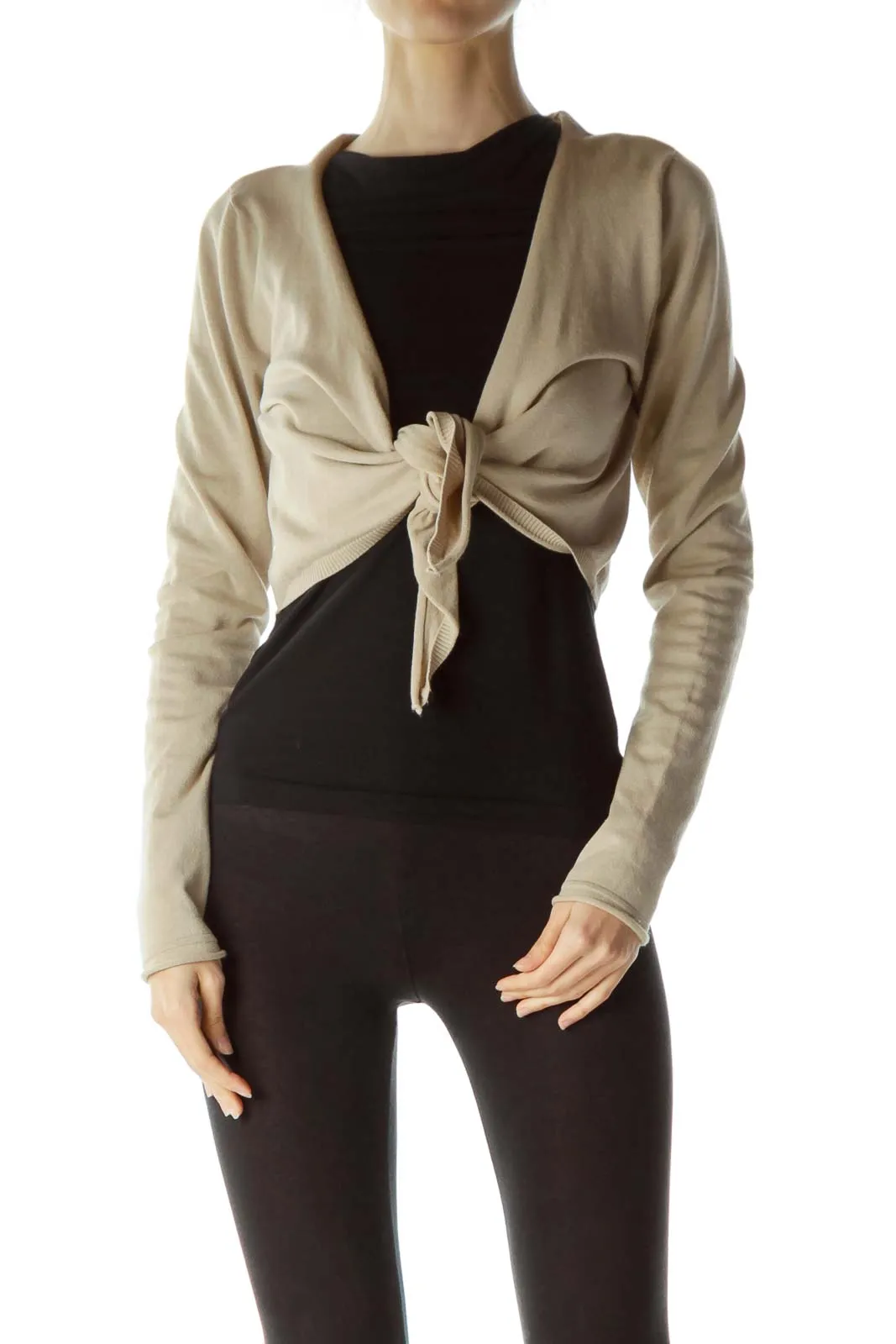 Beige Knotted Front Knit Bolero