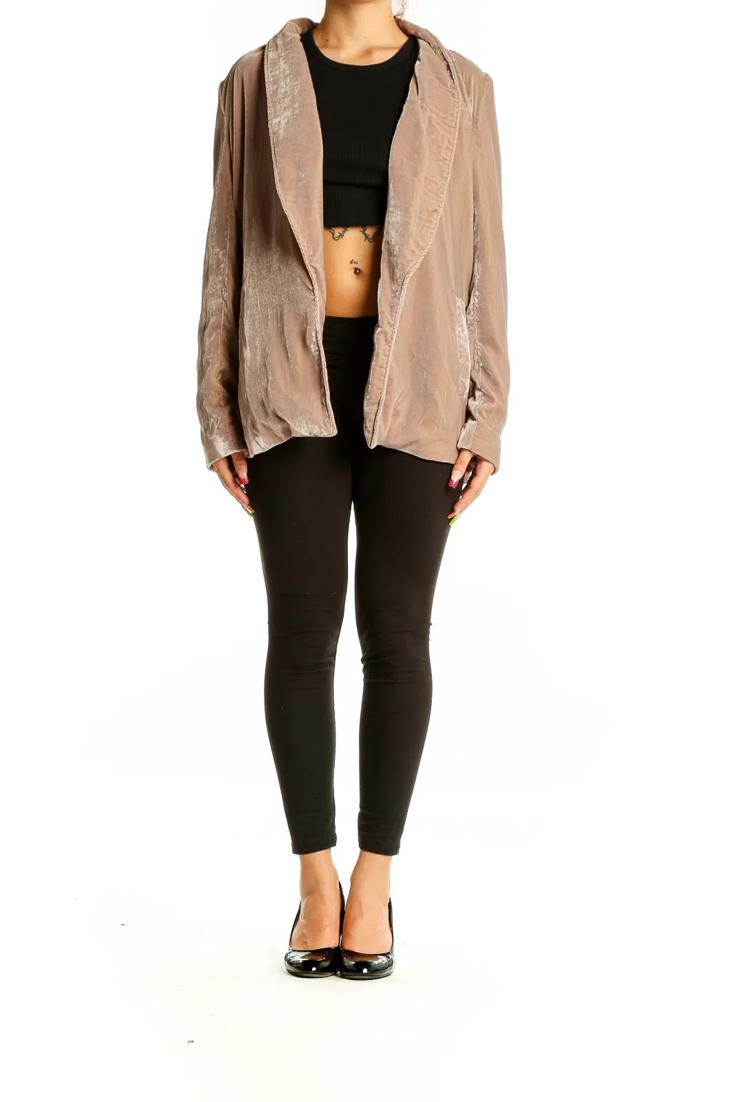 Beige Velvet Open Front Jacket