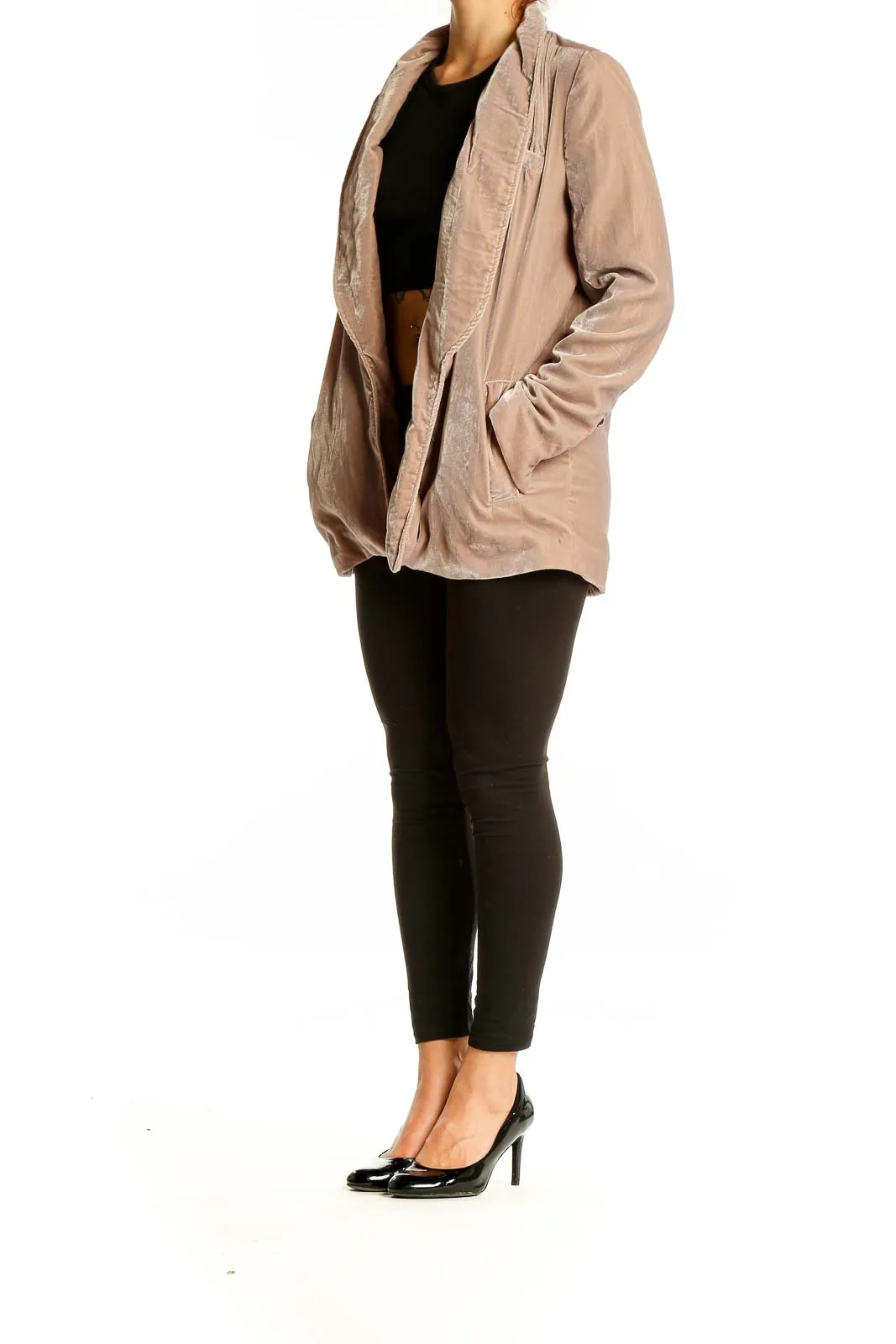 Beige Velvet Open Front Jacket