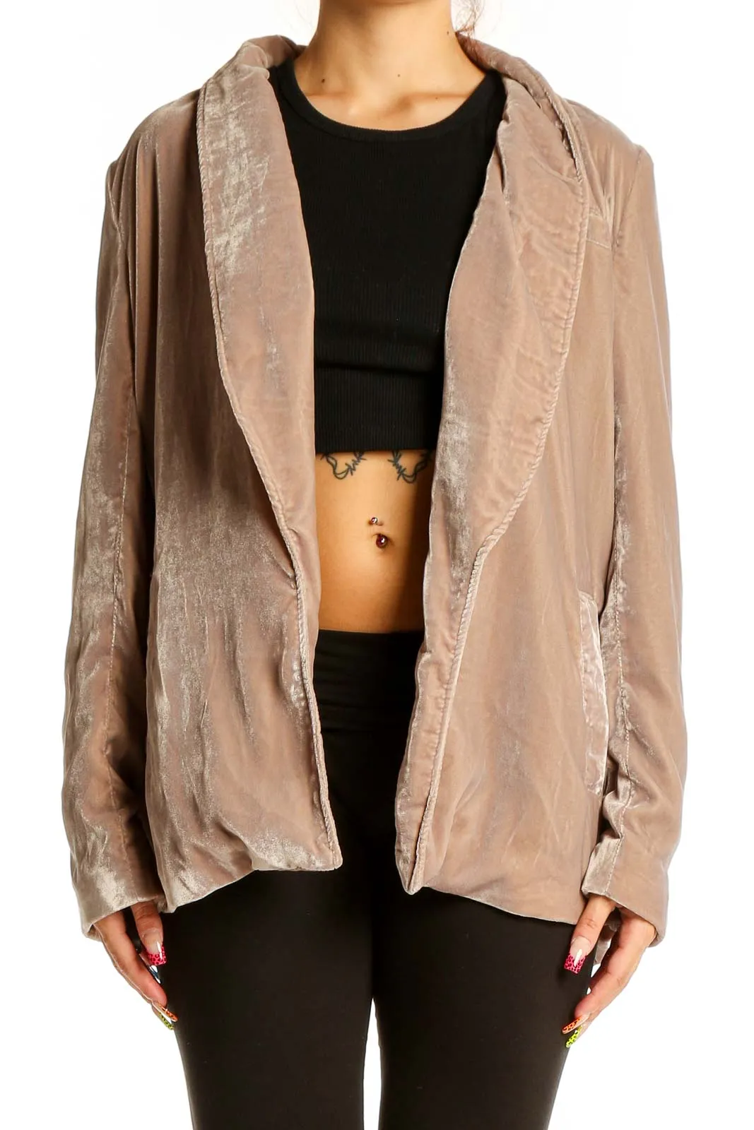 Beige Velvet Open Front Jacket