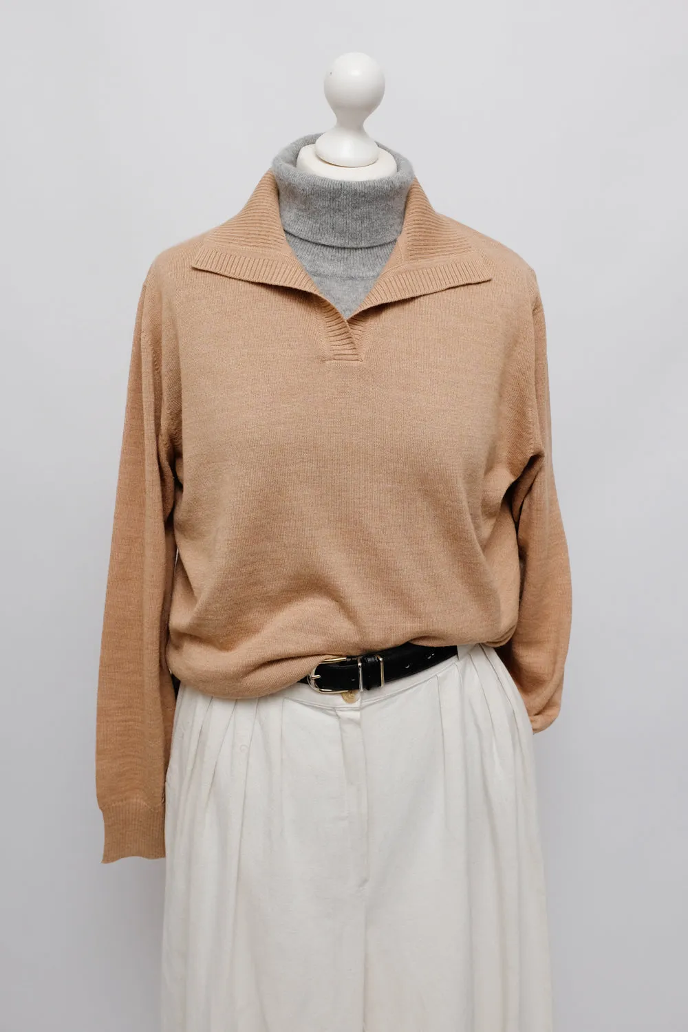 BEIGE WOOL BLEND POLO SWEATER