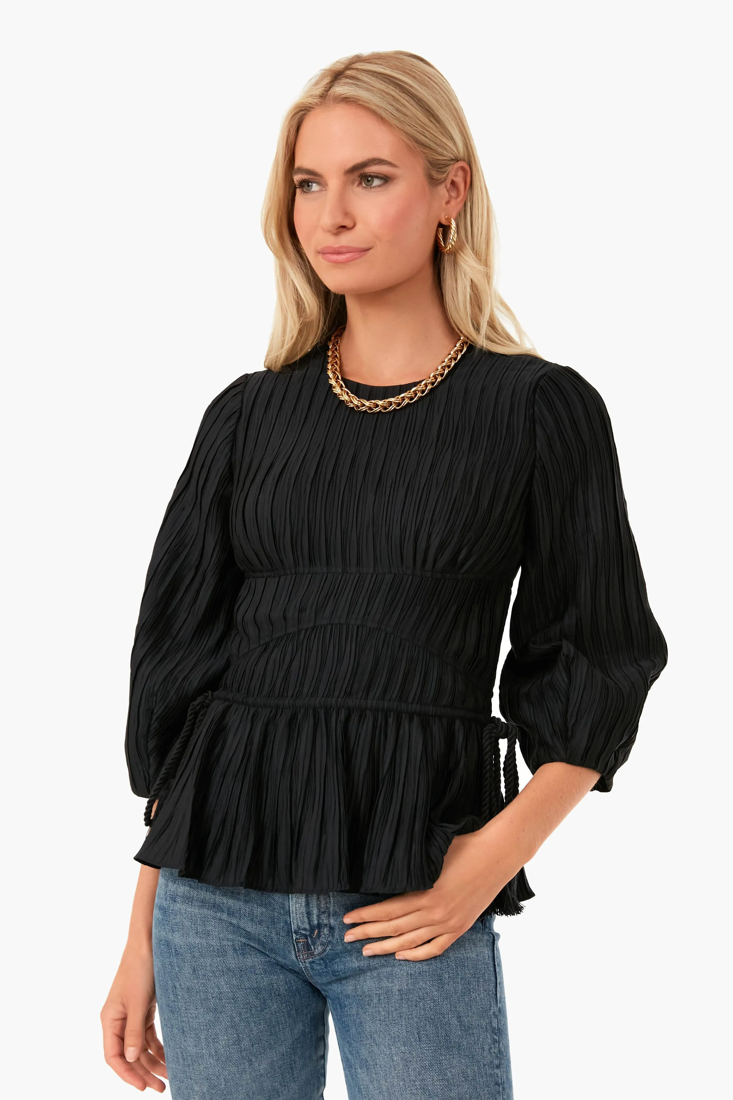 Black Neda Mushroom Pleat Round Blouse