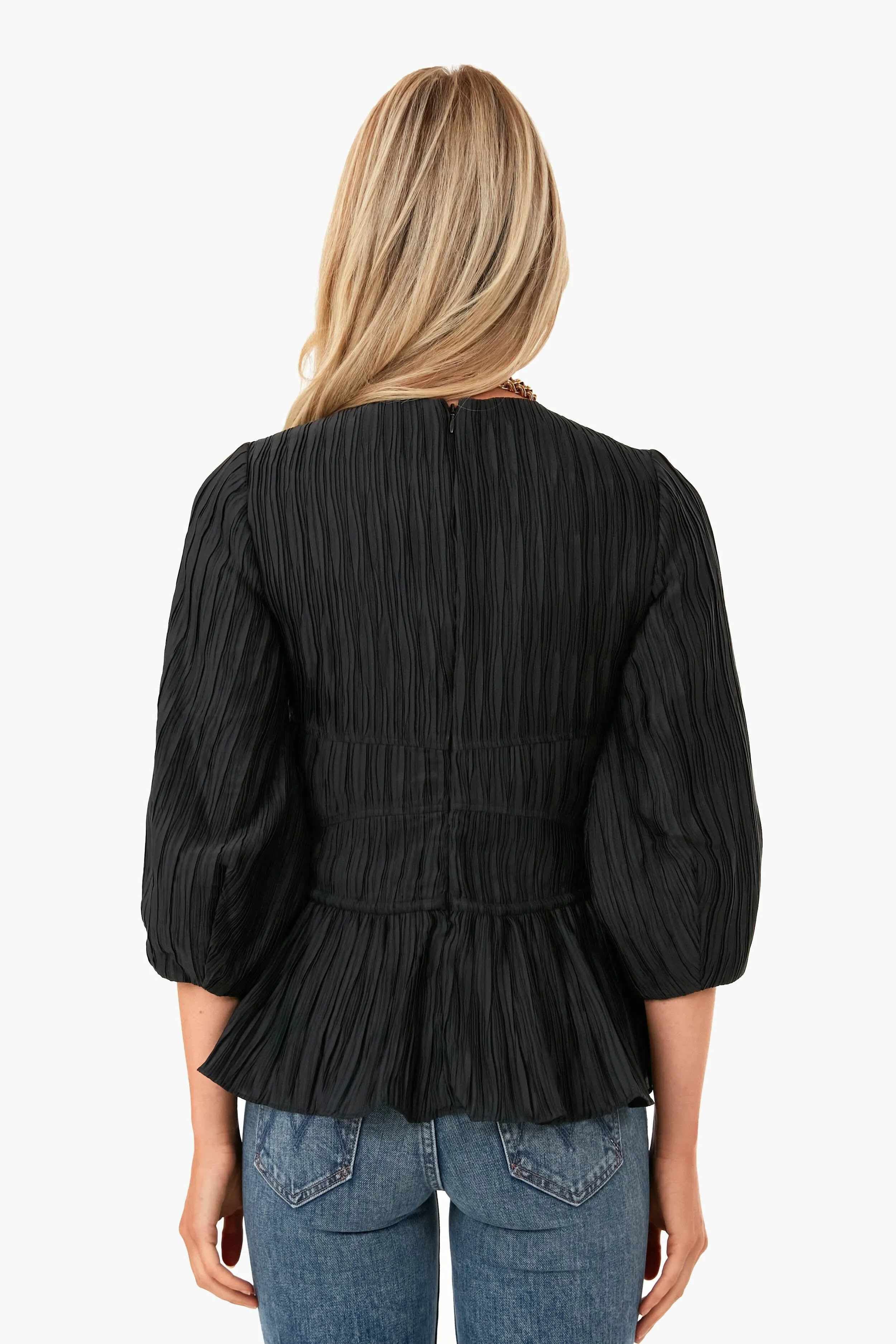 Black Neda Mushroom Pleat Round Blouse