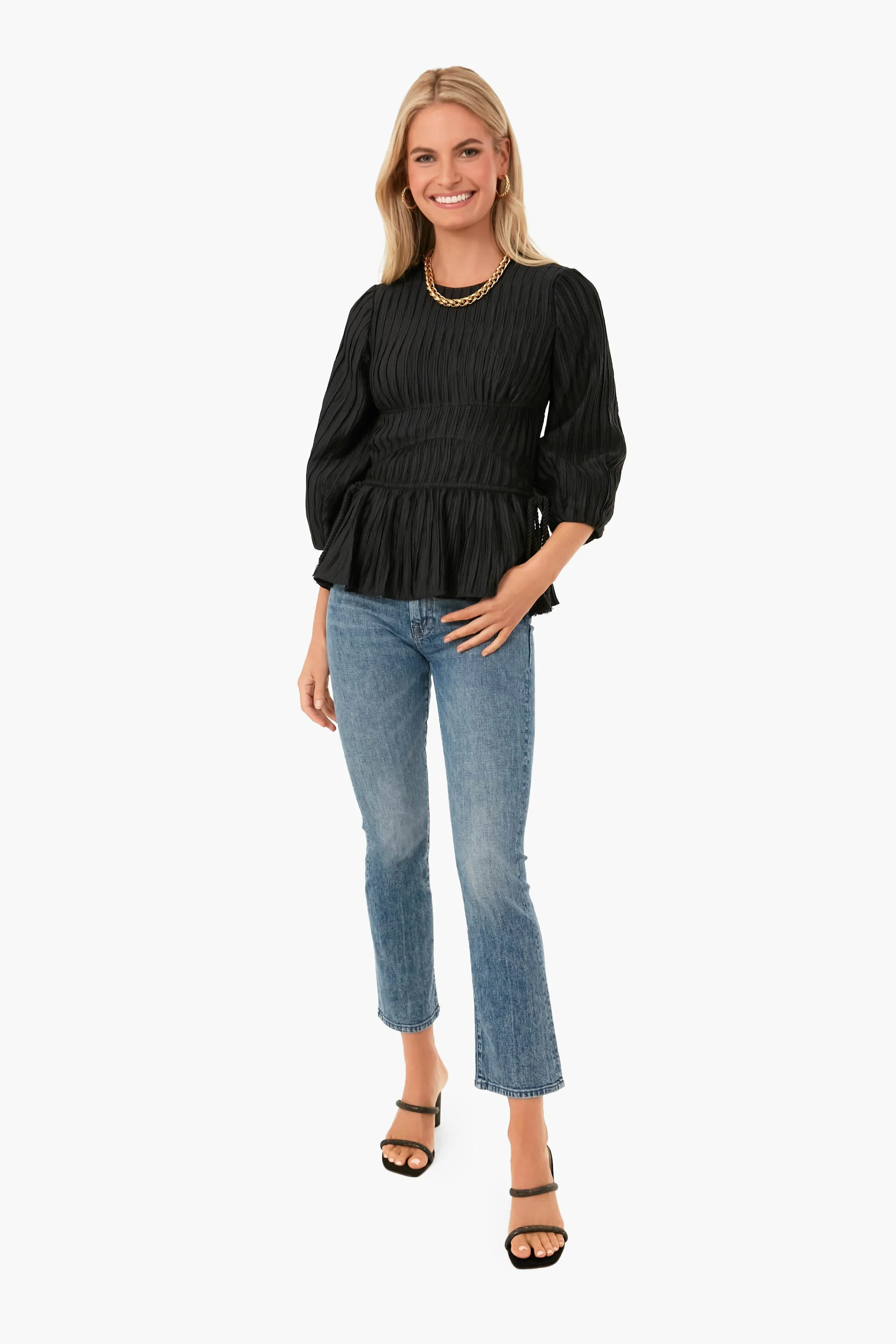 Black Neda Mushroom Pleat Round Blouse