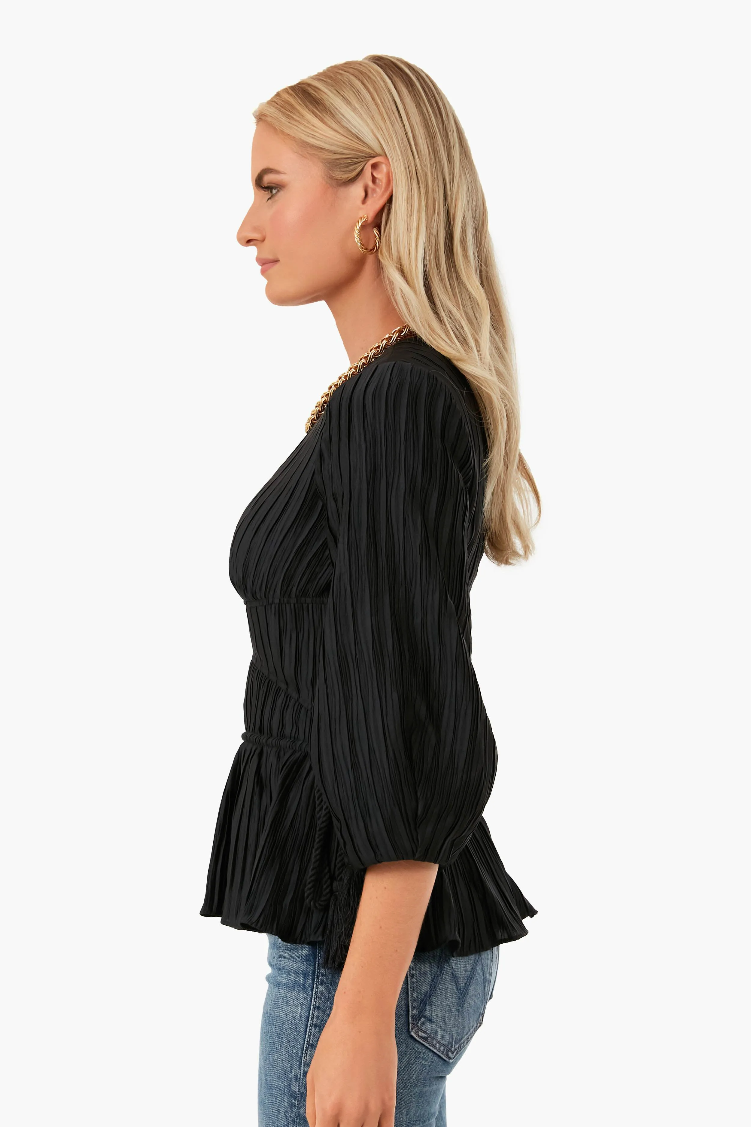 Black Neda Mushroom Pleat Round Blouse