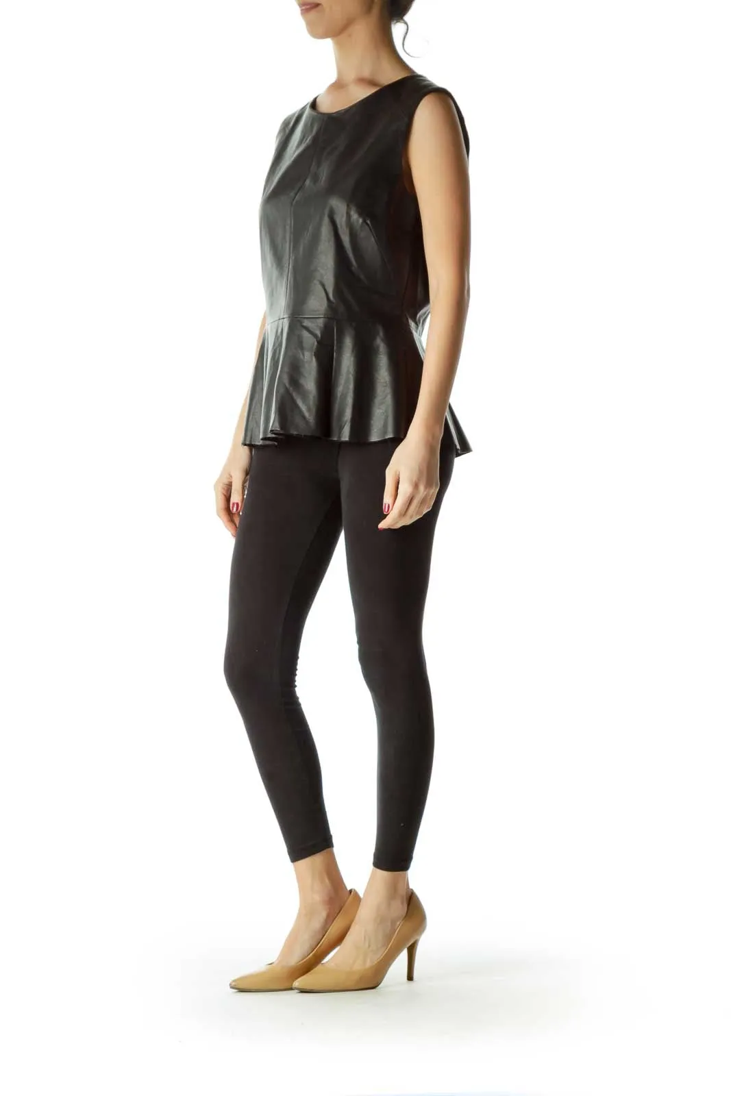 Black Peplum Faux Leather Round Neck Blouse