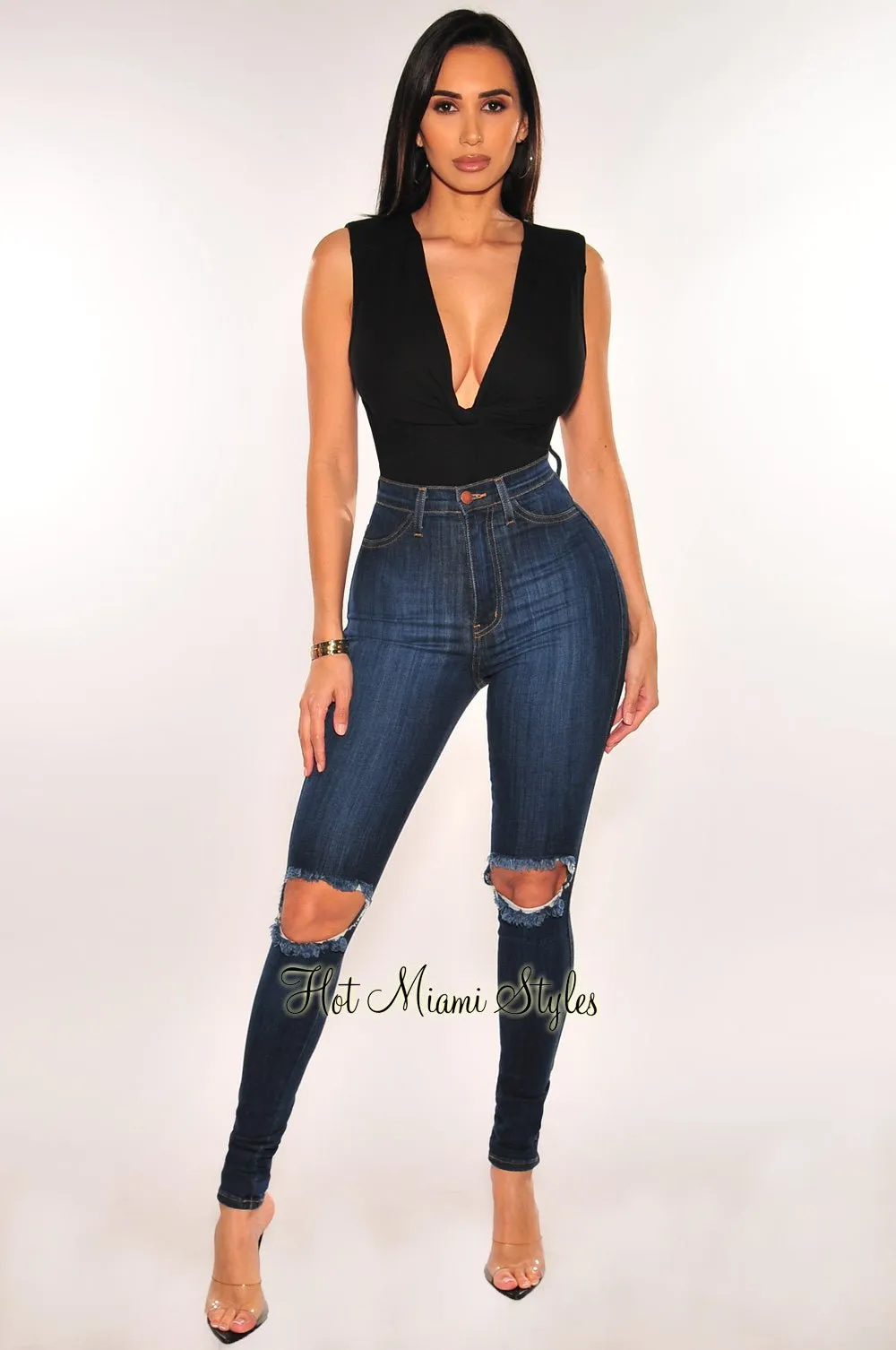 Black Ribbed Sleeveless V Neck Knotted Open Back Bodysuit