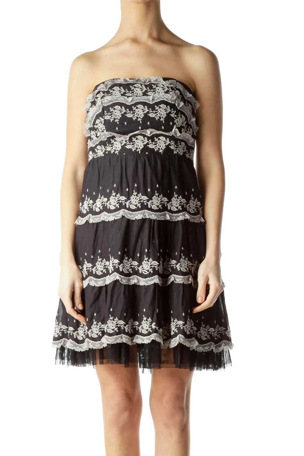 Black Strapless Lace Tiered Dress