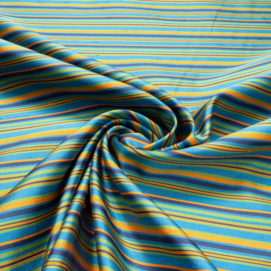 Blue, Green & Orange Striped Pure Silk Shantung