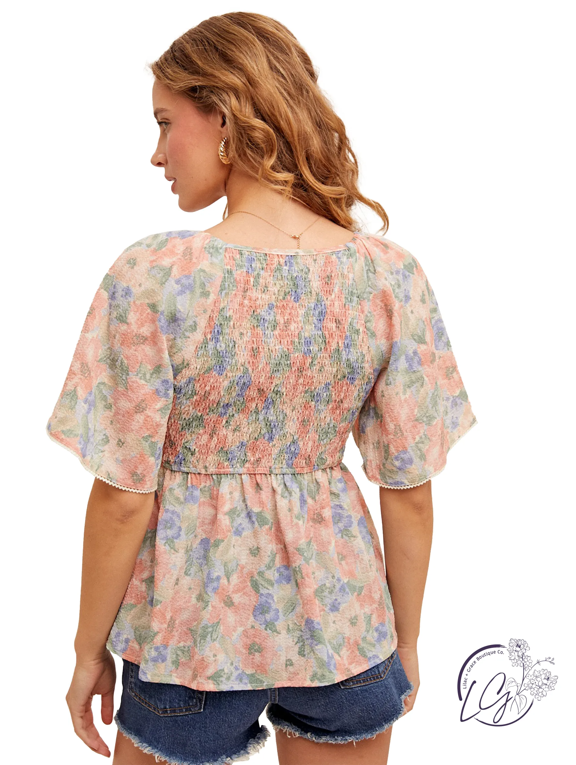 Boho Blossom Flutter Sleeve Peplum Top