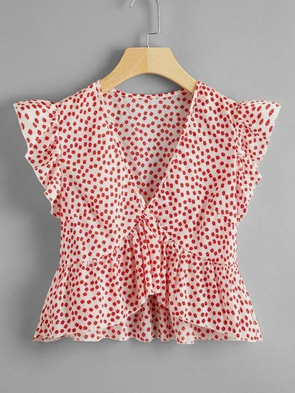 Butterfly Sleeve Ditsy Floral Peplum Blouse