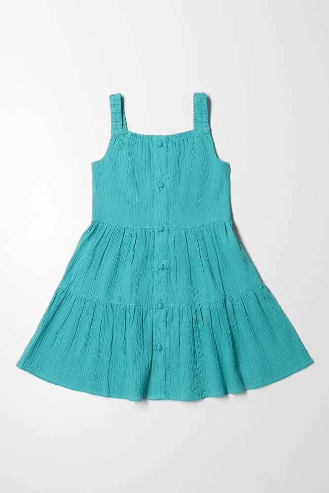 Button Down Tiered Dress Teal