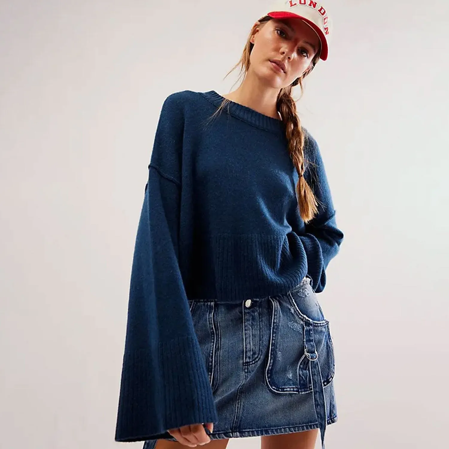 Casual Ribbed Knit Crew Neck Bell Sleeve Oversized High Low Sweater