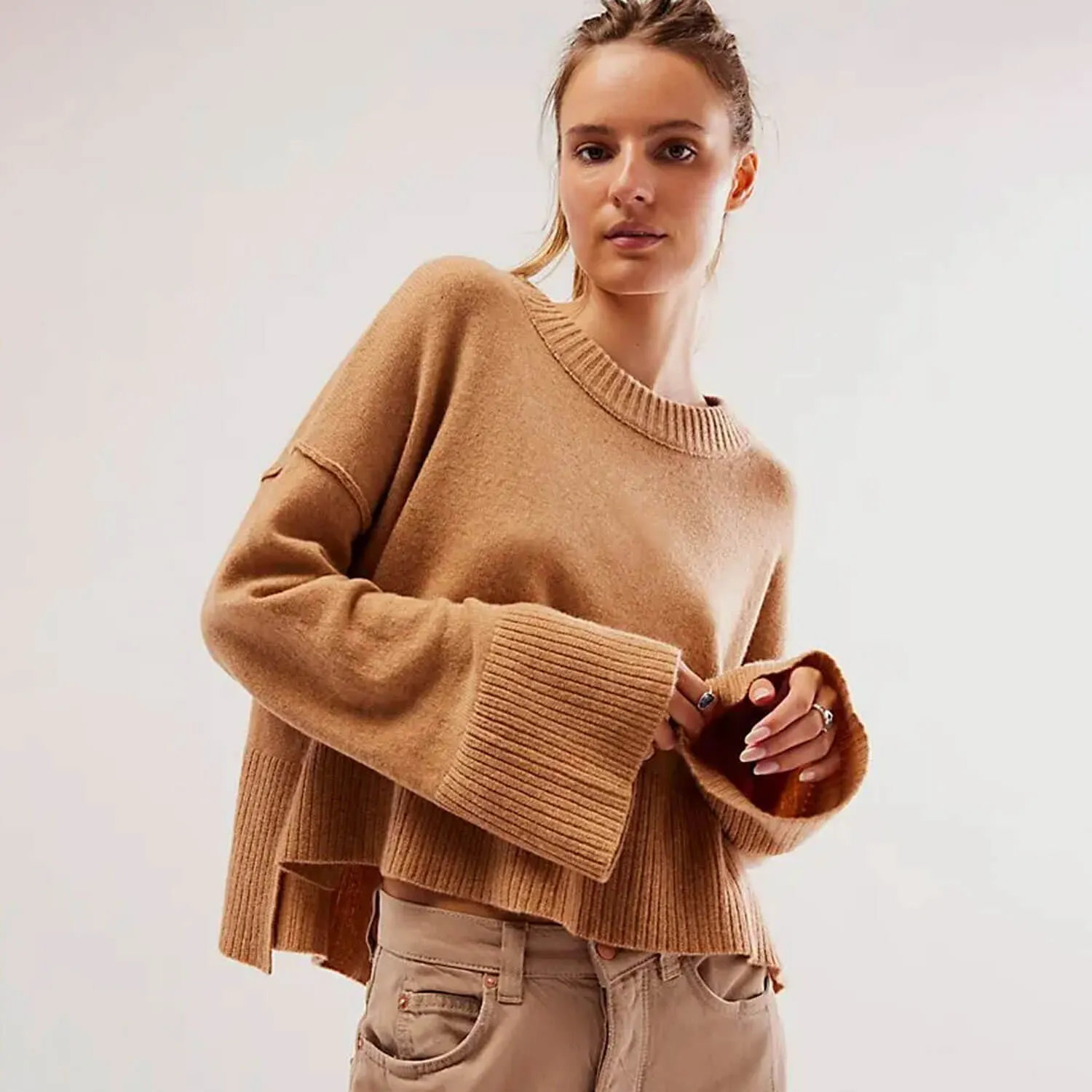 Casual Ribbed Knit Crew Neck Bell Sleeve Oversized High Low Sweater