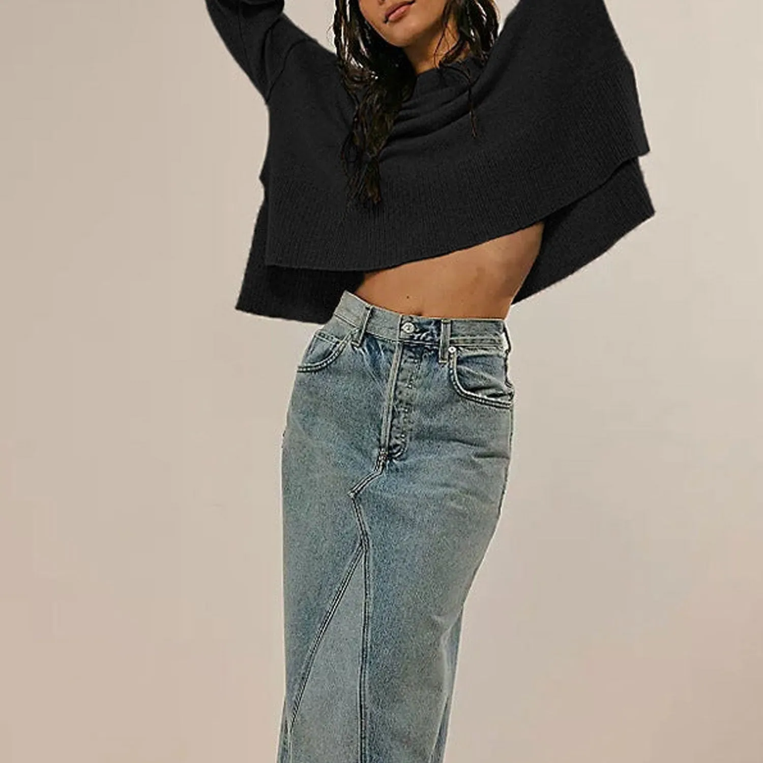 Casual Ribbed Knit Crew Neck Bell Sleeve Oversized High Low Sweater