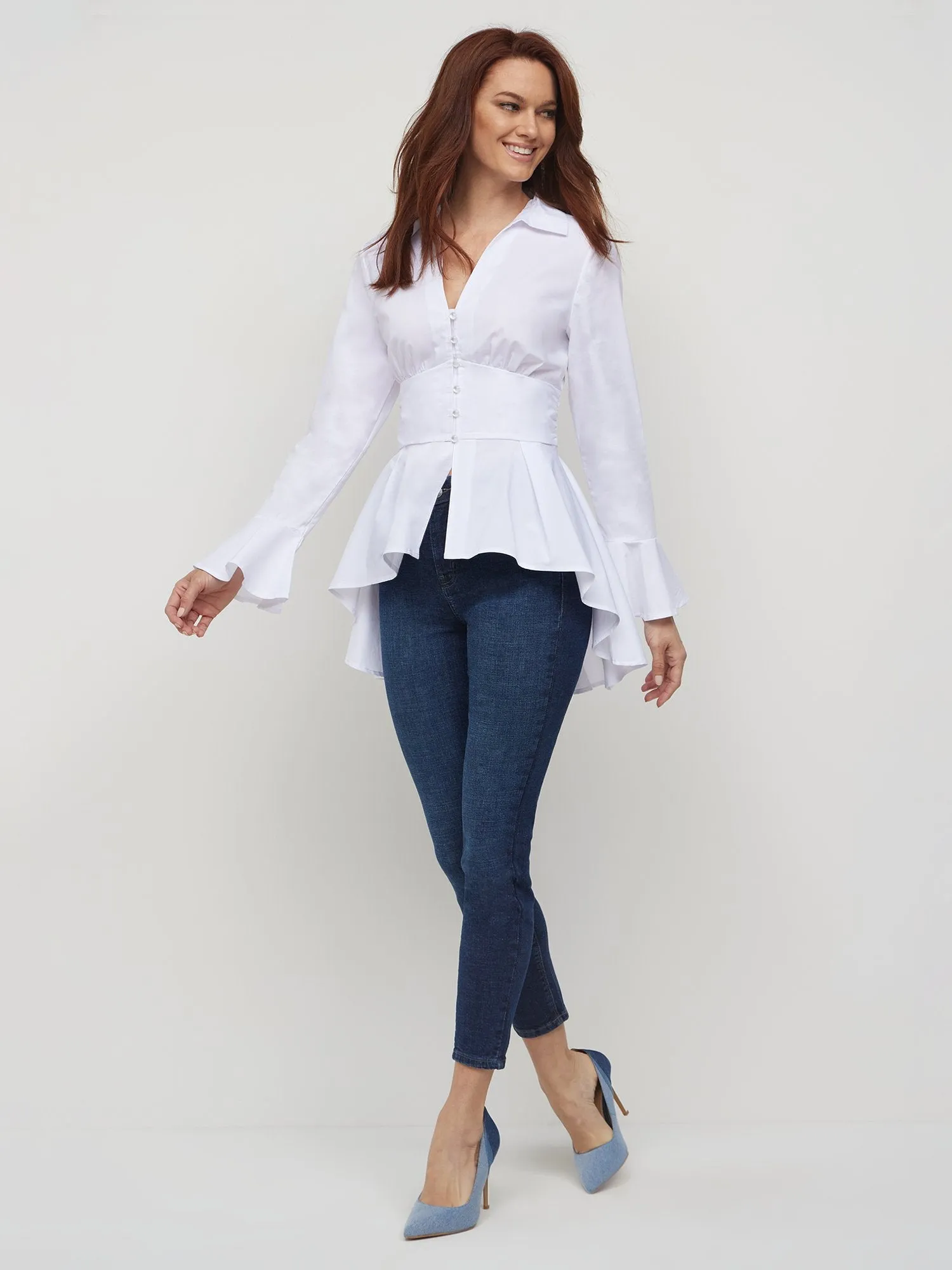 Corset-Waist Button-Front Poplin Blouse