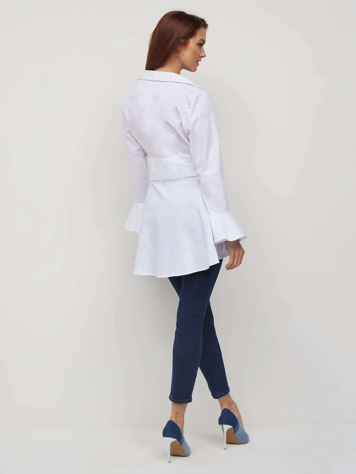 Corset-Waist Button-Front Poplin Blouse