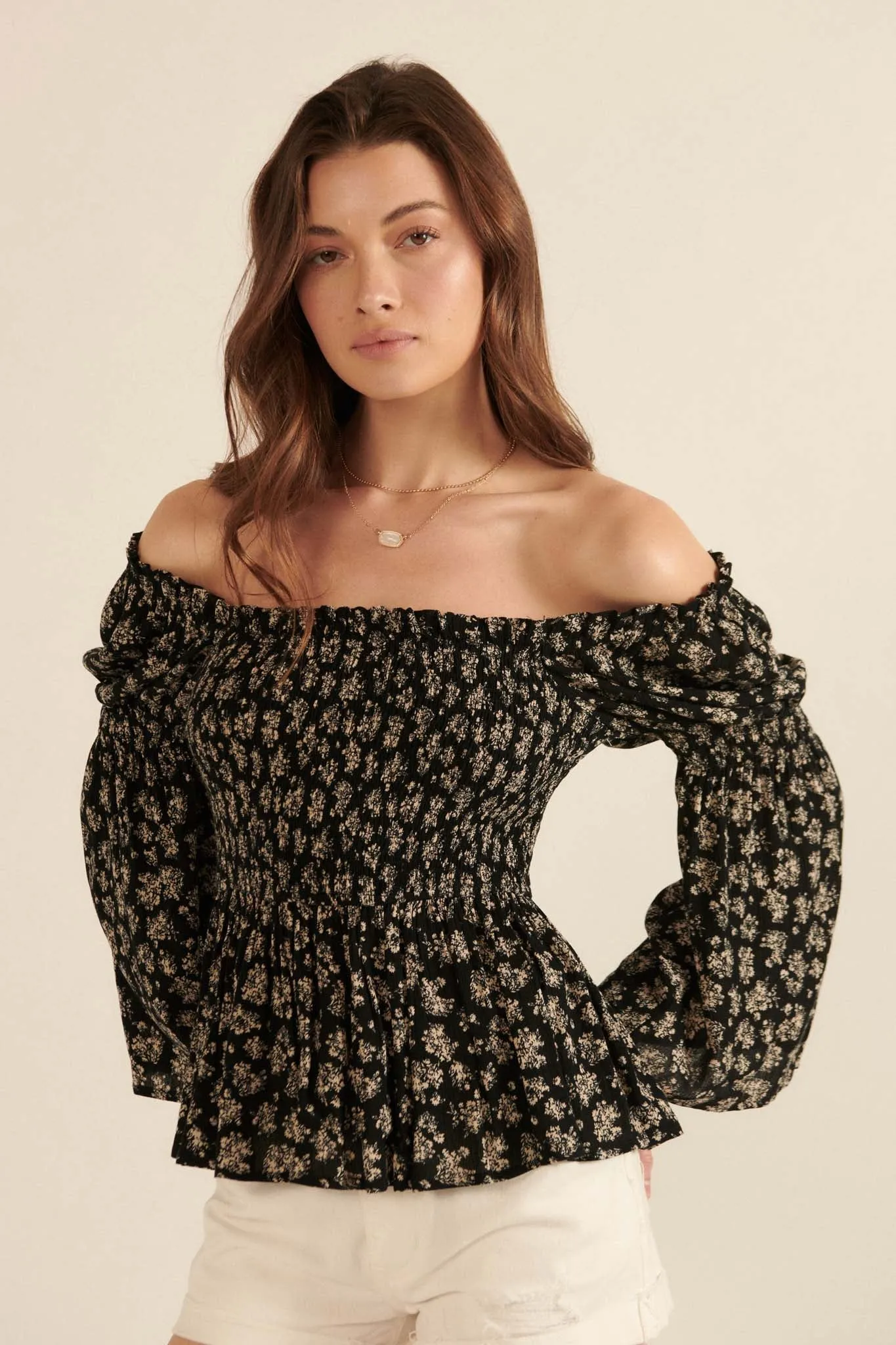 Country Orchard Smocked Floral Off-Shoulder Top