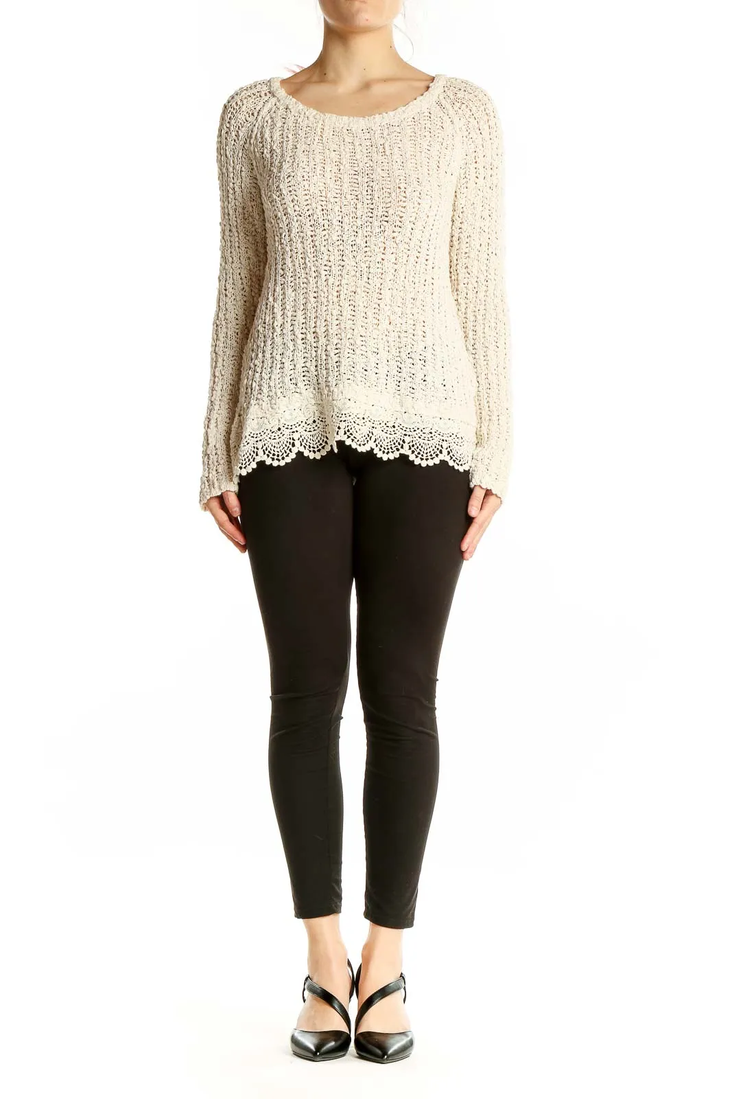 Cream Knitted Sweater with Lace Trim