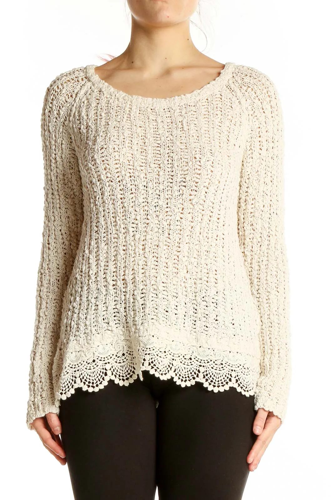 Cream Knitted Sweater with Lace Trim