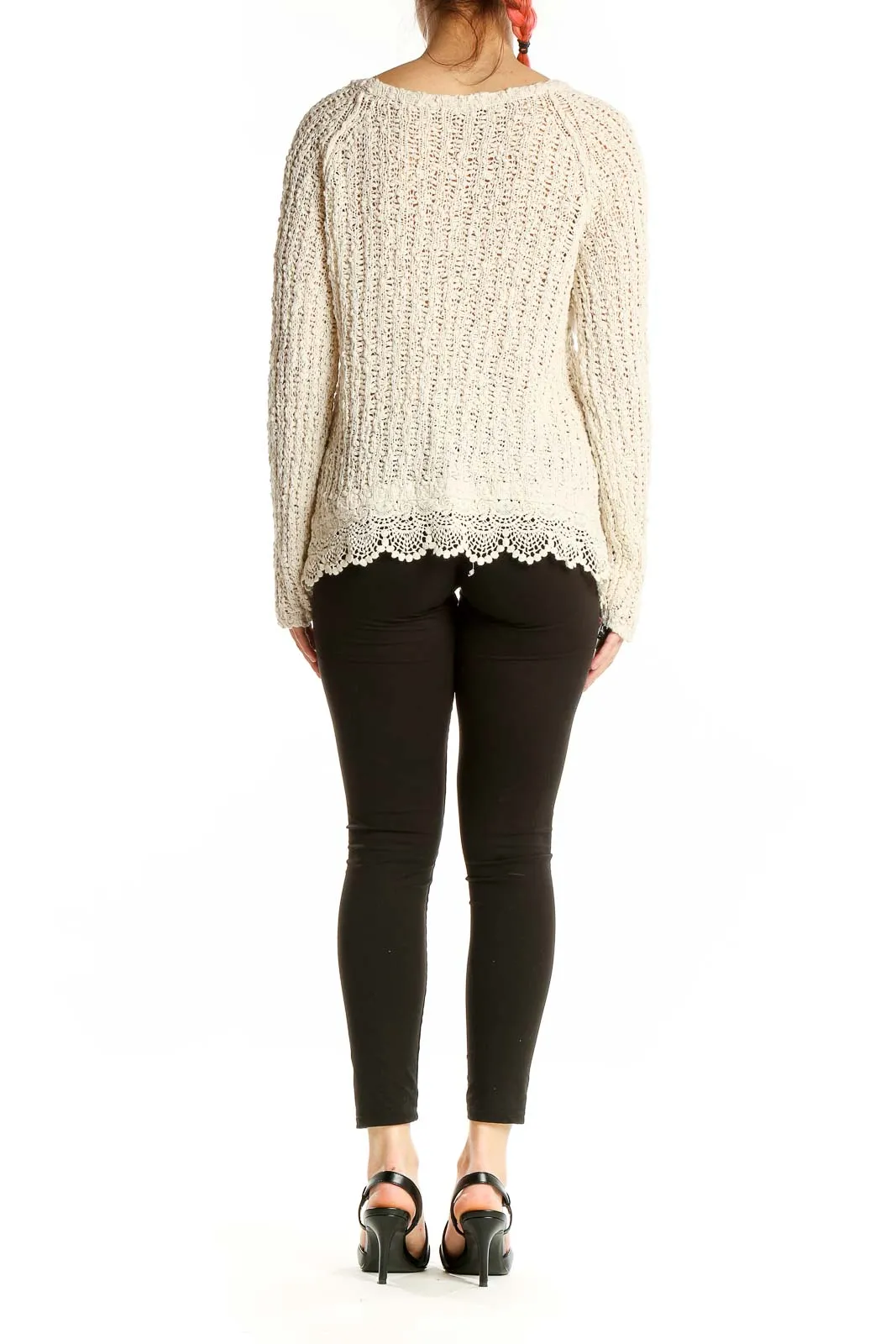 Cream Knitted Sweater with Lace Trim