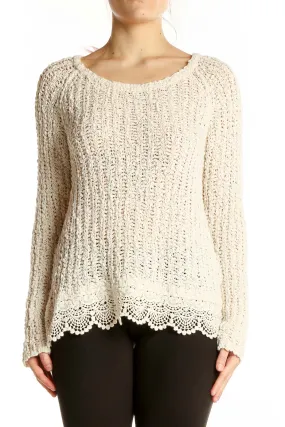 Cream Knitted Sweater with Lace Trim