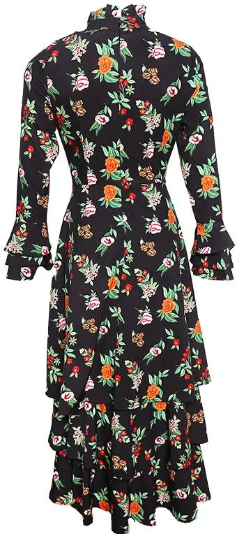 Crystal-Buttoned Floral Print Ruffle Tiered Midi Dress