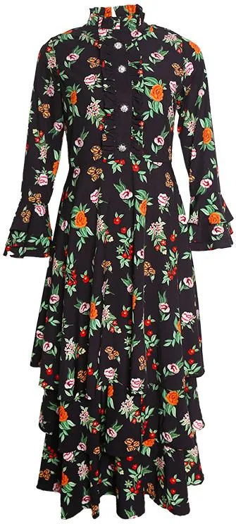 Crystal-Buttoned Floral Print Ruffle Tiered Midi Dress