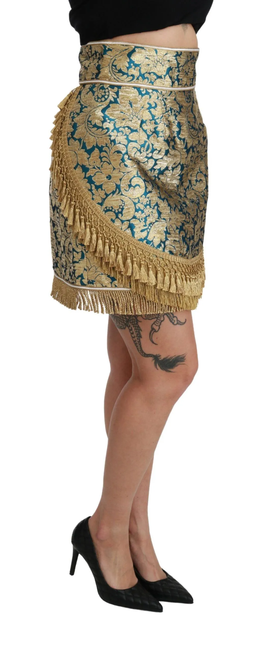 Dolce & Gabbana Blue High Waist Jacquard Tassel Gold Skirt