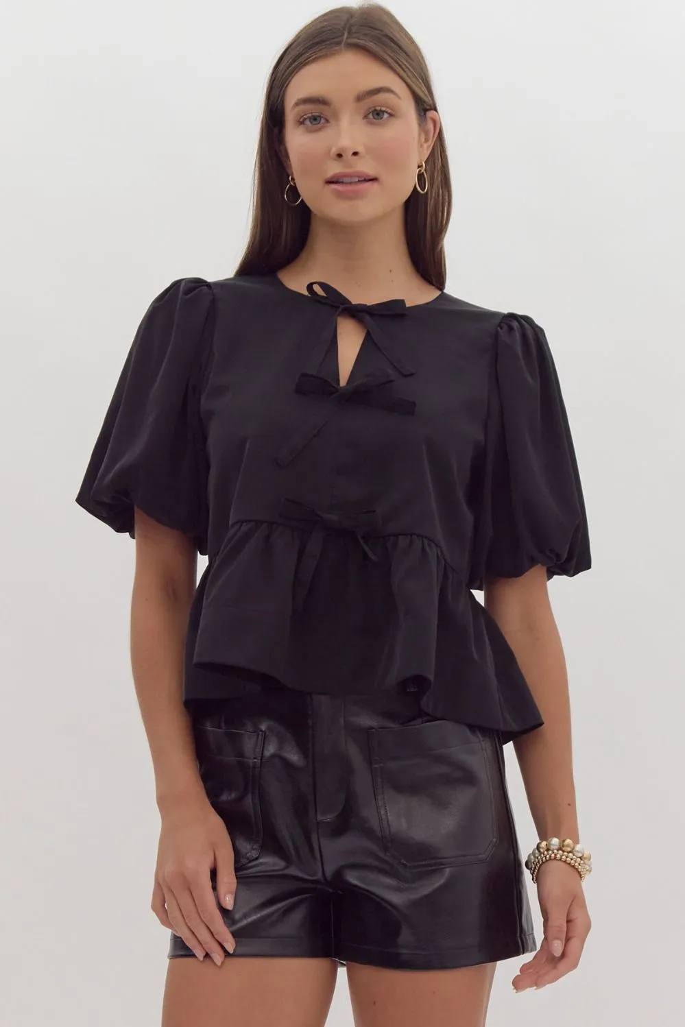 Entro Short Puff Sleeve Peplum W/Self Tie Bow Top