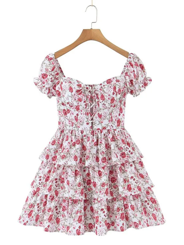 Floral Sweetheart Puff Sleeve Layered Lace-Up Sundress