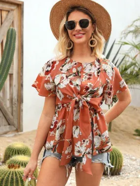 Floral Tie Front Peplum Blouse