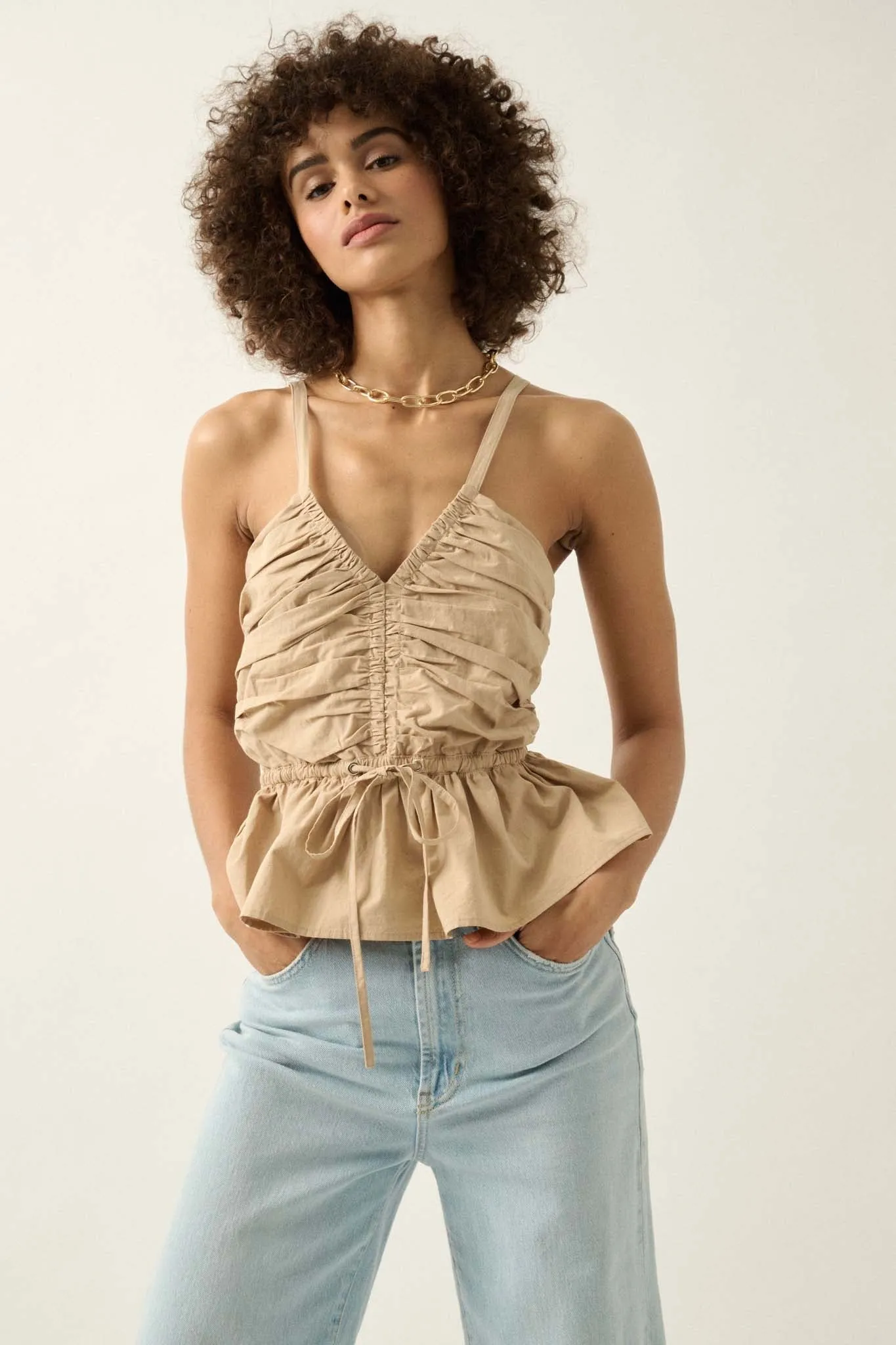 Fresh Start Ruched Cotton Peplum Cami Top