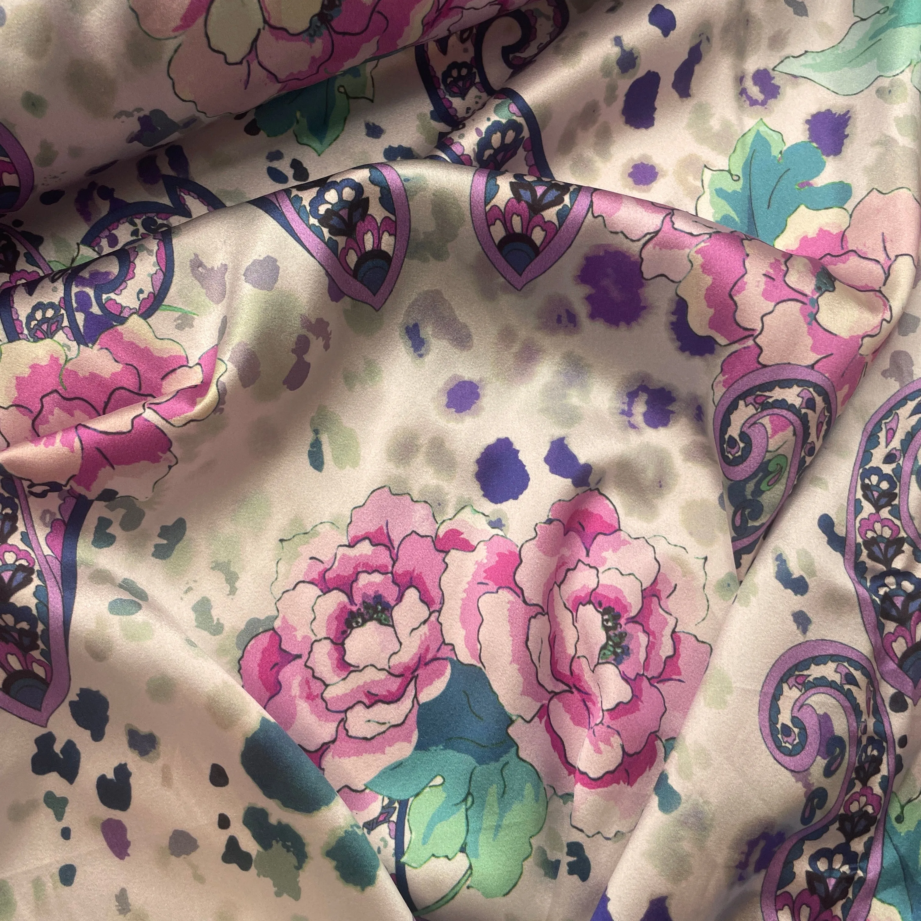 Fuchsia paisley parade stretch silk satin