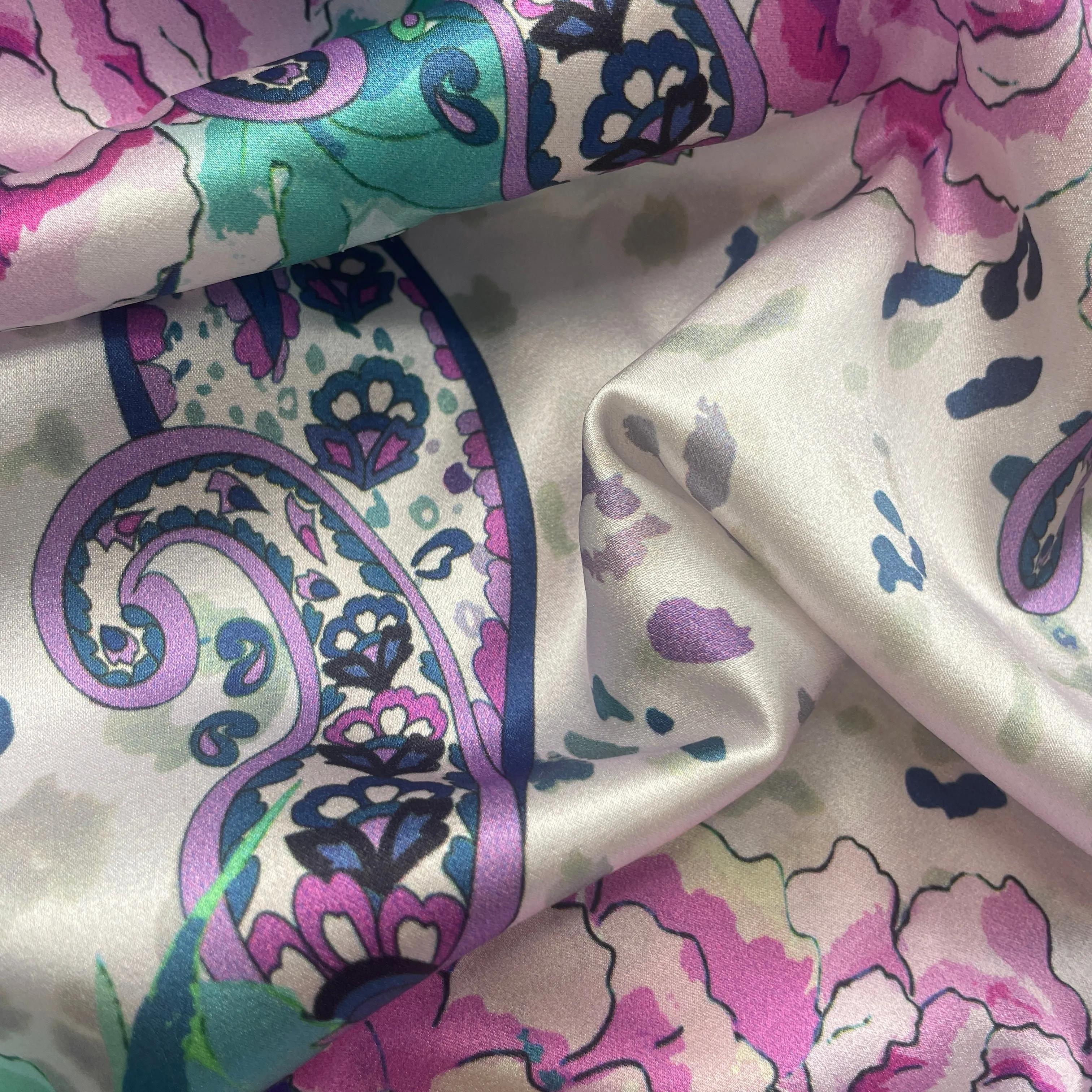 Fuchsia paisley parade stretch silk satin