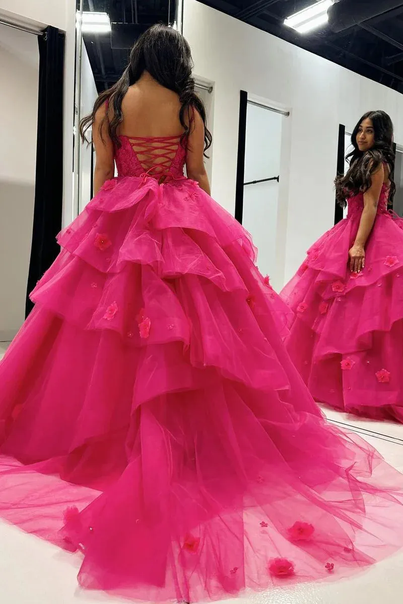 Fuchsia Sweetheart Tiered Tulle Ball Gown Prom Dresses with Appliques