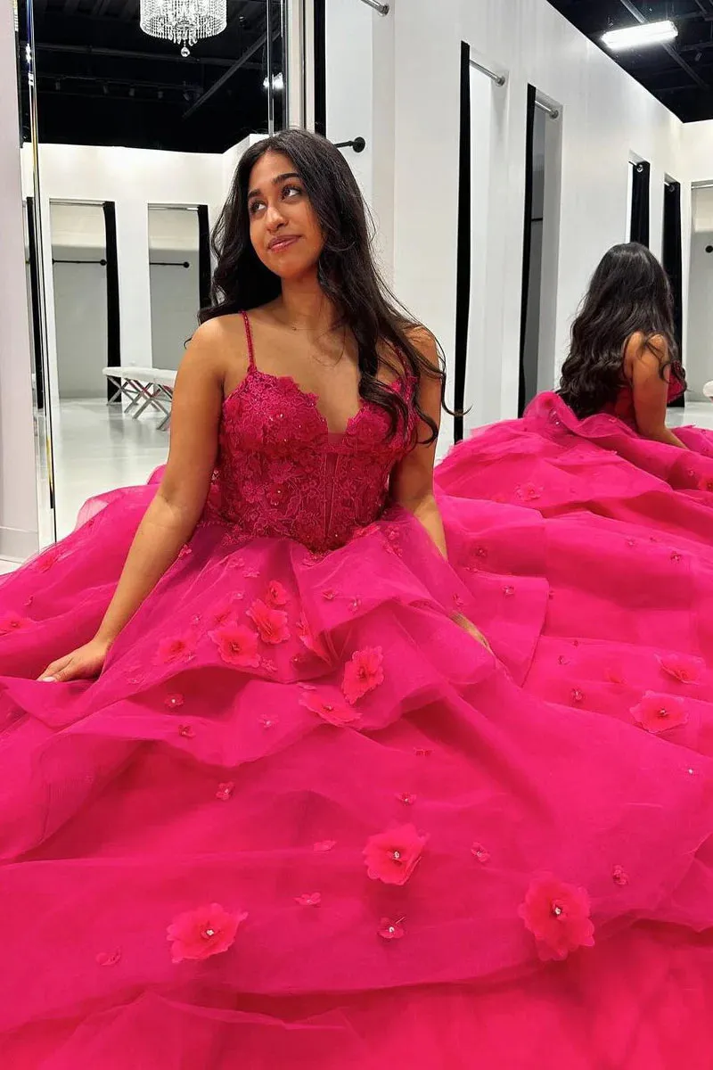 Fuchsia Sweetheart Tiered Tulle Ball Gown Prom Dresses with Appliques